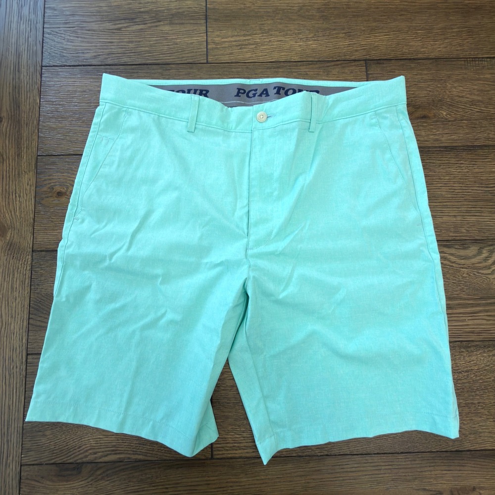 PGA Tour Mens Golf Shorts 36 Mint Green Heathered Performance Stretch Flat Front